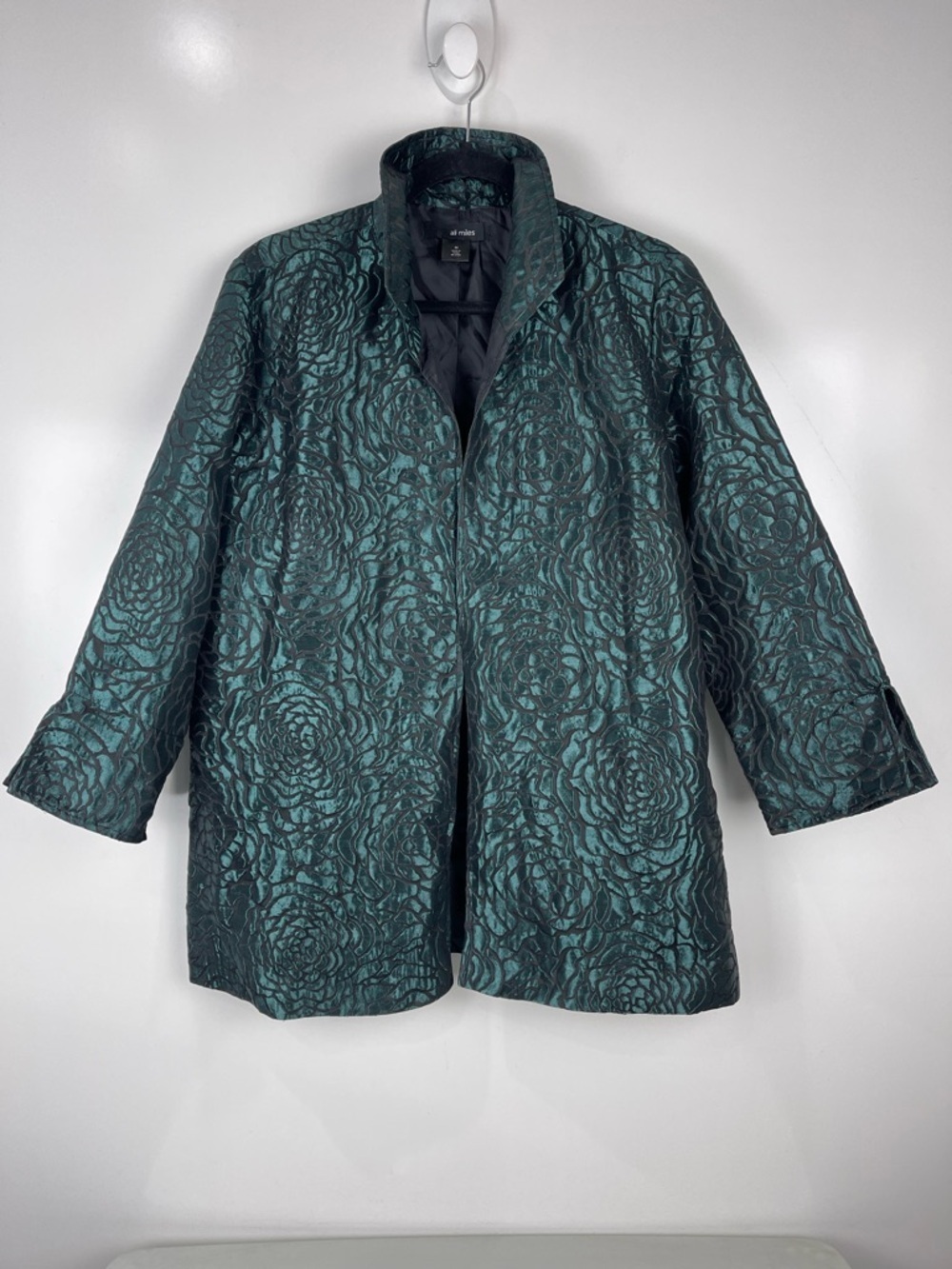 Ali Miles Jacket NWT Size M Textured Green Floral Print Open Front Artsy Chic - Picture 2 of 10